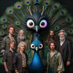 anthropomorphic highly detailed group portrait of funny neon giant cute eyes black dragon peacock, intricate, elegant, highly detailed, digital painting, artstation, concept art, smooth, sharp focus, illustration, art by artgerm, bob eggleton, michael whelan, stephen hickman, richard corben, wayne barlowe, trending on artstation and greg rutkowski and alphonse mucha, 8 k