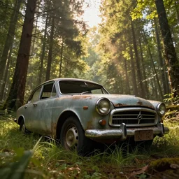 abandoned old retro car closeup in the forest, macro, grass, detailed, huge scene, warm lighting, concept art, beautiful, art greg rutkowski, low angle, high detail, godrays, cinematic view, volumetric, epic sky, vivid, trending on artstation, by jordan grimmer