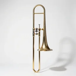 antique trombone, studio product photography, isolated on a pure white background, centered, entire object in frame, sharp focus, soft studio lighting