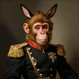 portrait of a monkey king of spain felipe vi, artwork by velazquez, trending on artstation, monkey dressed as general military, wearing a donkey ears
