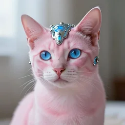 natural light, soft focus portrait of a cyberpunk anthropomorphic cat with soft synthetic pink skin, blue bioluminescent plastics, smooth shiny metal, elaborate ornate head piece, piercings, skin textures, by annie leibovitz, paul lehr