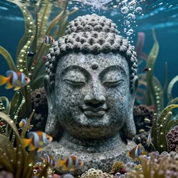 a stunning ultra detailed underwater fantasy closeup photo of a buddha head granite statue surrounded by bioluminescent sea plant vines and angelfish, by tomasz alen kopera and tom bagshaw, water bubbles, very detailed, deep depth of field, 8 5 mm lens, soft lighting, artstation, highly coherent, 8 k