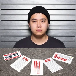fish mugshot, arrested for leaving defamatory postcards on the ground