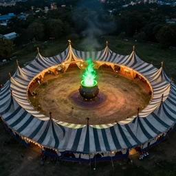 overhead view of a magical circus in a field at night with huge tents in a circle formation that have black and white stripes, a giant cauldron that has a green flame in the center, artwork by gerald brom, masterpiece, 4 k