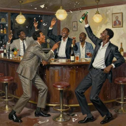 a messy fun painting of black men gatecrashing a bar, art by dean cornwell, artstation