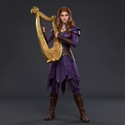 Full body Portrait of a beautiful young bard lady, carrying an onrnamental Golden lyre, light borwn hair, White skin, dark Blue eyes, purple leather garments, leather boots, fingerless gloves, detailed face, high fantasy, magic music, dungeons and dragons, blizzard entertainment, industrial light and magic, pixar, mucha, trending on Artstation, artstationHD, artstationHQ, octane, cgsociety, HD, 16K