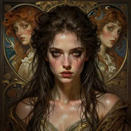 Sophia Lillis, sweaty, insane, intricate, highly detailed, digital painting, artstation, concept art, smooth, sharp focus, illustration, Unreal Engine 5, 8K, art by artgerm and greg rutkowski and alphonse mucha