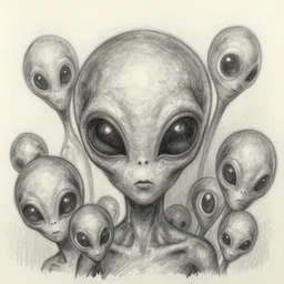a very amateur crude pencil sketch of a lots of small eyes alien zombie with multiple eyes and grey oily skin, multiple small black eyes