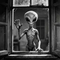 mistical black and white old picture of an alien showing off on a window