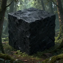 a huge black alien cube with a strange texture from nanotechnology, forgotten and lost in the forest, detailed digital art by greg rutkowski.