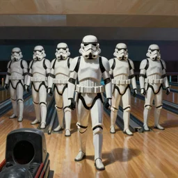 stormtroopers bowling at a bowling alley, painting by ralph mcquarrie