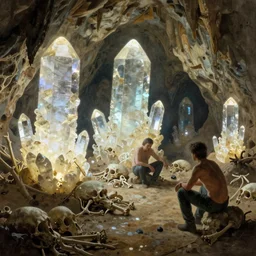 a cave with huge glowing crystals in the walls and piles of bones on the floor, art by donato giancola and greg rutkowski and martin deschambault, trending