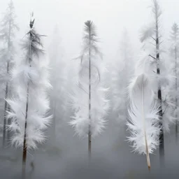 A photograph of a strange forest with trees made of feathers, in fog
