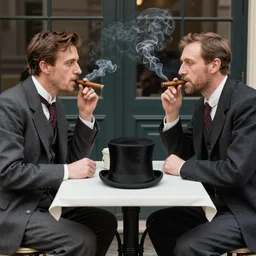 jean rochefort and mathieu amalric, symmetric, realistic, realism, early 2 0 th century gentlemen, sitting at coffee table, smoking a cigar. top hat on the table