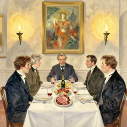 gentlemens dinner, cellar, masterpiece, torches on wall, meat, wine, schnapps, watercolor by anders zorn and carl larsson, art nouveau