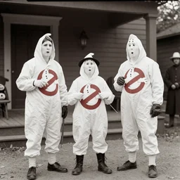 photograph from 1903 of Halloween trick or treaters wearing Ghostbusters costumes, highly detailed, vintage film