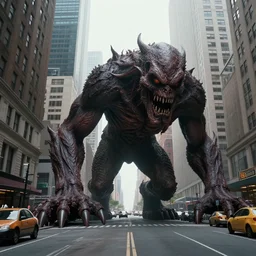 a gigantic creature crawling into the streets of contemporary New York City, Large horror landscape, high detail, apocalypse, liminal space, volumetric lighting, hyperrealistic character, zbrush, cg art, 3dscan, haunting atmosphere, Artstand, 8k
