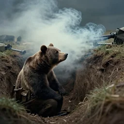 smoke,!!! colored, tilt shift wwi bear pondering over a dug out trench, dramatic light, zdzidaw, ultrafine, hyperrealistic, 3 2 k, 3 5 mm film still, movie