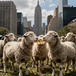 sheep from 'Sheep in the Big City' drinking a beer. New York City.
