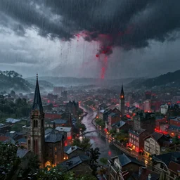 blood rain in town, fantasy artwork, very beautiful scenery, hd, hdr, ue 5, ue 6, unreal engine 5, cinematic 4 k wallpaper, 8 k, ultra detailed, by popular digital artist,