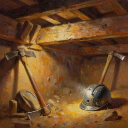 a beautiful painting of a mine with exposed beams, pickaxes and a helmet with a broken light, warm colors by greg rutkowski and kalin popov, trending on artstation, masterpiece,
