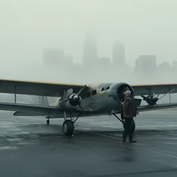 tarmac with vintage passenger plane, misty, cityscape in the foggy background movie scene, epic cohen brother still, in the style of ashley wood, ian mcque