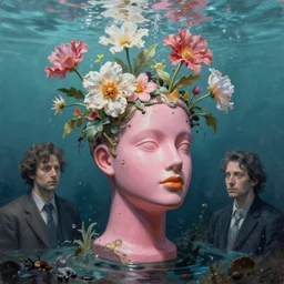 Tristan Eaton & Greg Rutkowski, award winning masterpiece with incredible details, Zhang Kechun, a surreal vaporwave vaporwave vaporwave vaporwave vaporwave painting by Thomas Cole of an old pink mannequin head with flowers growing out, sinking underwater, highly detailed