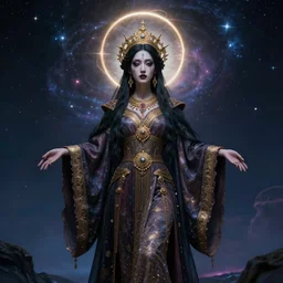 a traditional sacred priestess coming back to life in the modern world, haloed, cosmic horror style