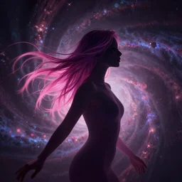 silhouette of a beautiful! elegant woman, 3 0 years, long pink dark purple hair, realistic hands, dynamic strands, retrowave color scheme, fractal chaotic dark, nebula background, by wlop, mucha and julie bell, artstation, deviantart, 8 k, emotion, bokeh, pouring effects, motion blur