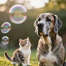 a tiny adorable kitten and an elderly great dane are the best of friends, golden hour, back yard, giant iridescent soap bubbles fill the air, bokeh