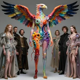 a fashion editorial of sadie sinkwith hooves as a brightly colored eagle amphibian hybrid with wet translucent mutated skin. wearing a mutated organic dress. by tom bagshaw, donato giancola, hans holbein, walton ford, gaston bussiere, peter mohrbacher, brian froud and iris van herpen. 8 k, cgsociety