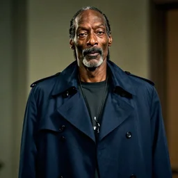 snoop dogg as a rough dirty old man with a scruffy beard in a dark blue trenchcoat as the new doctor who, cinematic, volumetric lighting, f 8 aperture, cinematic eastman 5 3 8 4 film, photorealistic