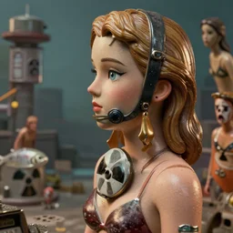 highly detailed closeup, profile portrait of a tin toy 1 9 5 0 s nuclear disaster, bikini, unreal engine, nicoletta ceccoli, mark ryden, earl norem, lostfish, global illumination, detailed and intricate environment