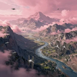 A stark mountain landscape with rivers and pink clouds, with heaps of TIE Fighters flying across the landscape, Star Wars concept art, very detailed concept art, matte painting, digital art, concept art, realistic beautiful, trending on Artstation, Greg Rutkowski