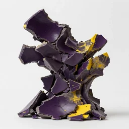 solidified dark purple and yellow paint shattered into pieces and clustered together, abstract, hd, 4k, sculpture, photograph