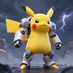 pikachu themed mech suit in a thunderstorm, diffuse lighting, fantasy, highly detailed, photorealistic, digital painting, artstation, illustration, concept art, smooth, sharp focus, in the style of tom bagshaw