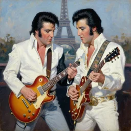 elvis and marcel proust jamming together in paris, 1 9 2 2, oil painting,