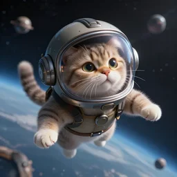 fantasy cat with a helmet floating in space, high detail, fantasy art, concept art, 4 k, ultra detail, computer art