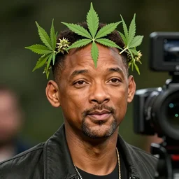 will smith as a god of weed, crown on head with marihuana leaf, shot from professional camera, ultra realistic, beatiful lights