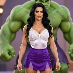 photo of live action sensational she hulk, she is wearing a silk lace white top and a purple skirt, she is tall, very fit and extremely muscular, she has green skin all over her body, long black shiny hair, hyperreal, highly detailed, the hulk, marvel, soft focus, bokeh