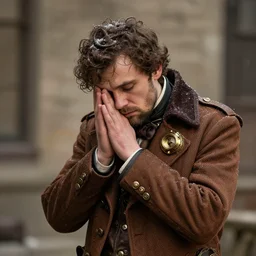 a sad freezing man with warm steampunk cloths, realistic, the 1 8 0 0 s