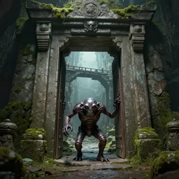 iron golem guarding an ancient temple door, epic fantasy art, underground, depth of view, crumbled bridge in the background, moss on the walls