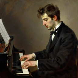 attractive man, playing piano, painting by gaston bussiere, craig mullins