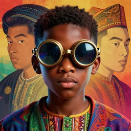 colourful vfx portrait - art of a nigerian boy wearing steam punk goggles, art by utagawa kunisada & james jean, digital illustration, digital render, volumetric light, ray tracing, symmetrical, unreal engine, octane 3 d render, sharp, detailed, highly detailed, intricate detail, pinterest, behance, art station,