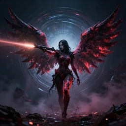 horror acid deep colors!, female made of cosmic dust, professional shootout, portal background in the shape of wings