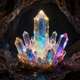 Colorful crystals glowing in a dark cave, Octane Render