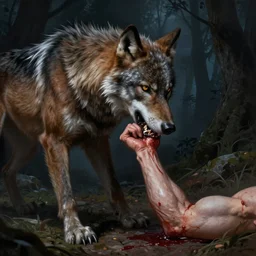 a male werewolf devouring a severed human arm, blood, long claws, dark forest at night, by greg rutkowski and alphonse mucha, gradient brown to silver, highly detailed, digital painting, artstation, concept art, smooth, sharp focus illustration
