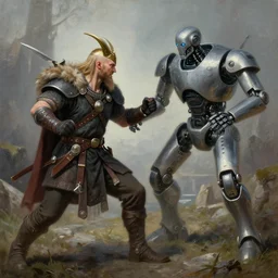 “ one viking male is fighting against a robot, high detailed painting ”
