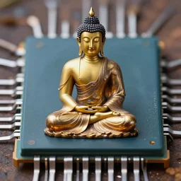the buddha sitting in full lotus position on a microchip