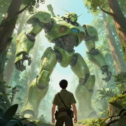 pilot looking up at giant humanoid plant mech, coming through treetops, forest, key art, sharp lines, towering above a small person, aesthetic, anime, trigger, shigeto koyama, hiroyuki imaishi